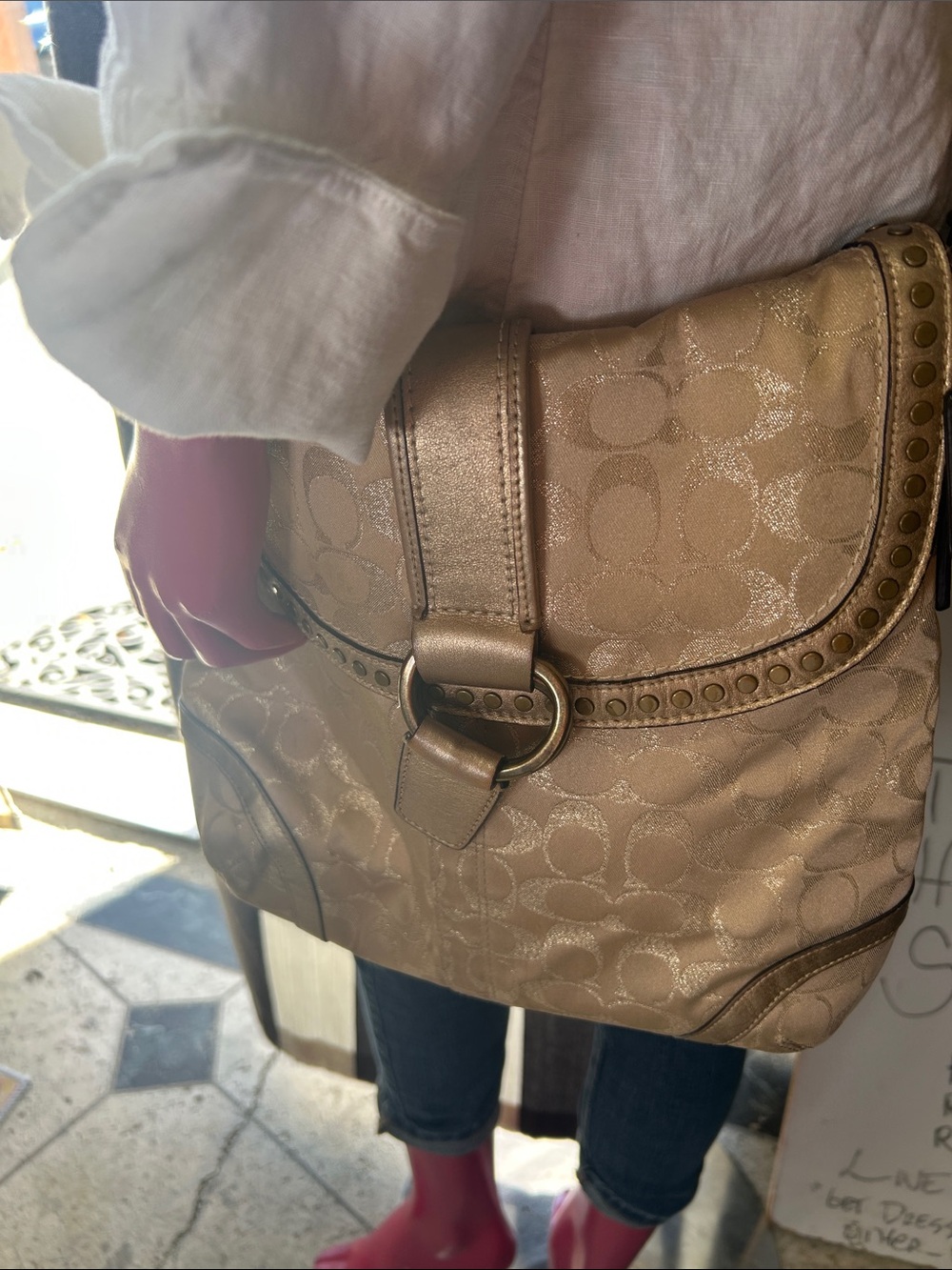Coach Metallic Signature Shoulder Bag in Champagne Gold